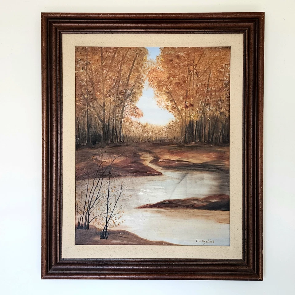 Original Oil Painting Autumn Forest River Scene on Canvas Framed 1970s Art - Image 1 of 4