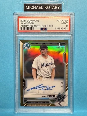 JAKE EDER 2021 BOWMAN CHROME TRUE GOLD AUTO PSA 9 18/50 Marlins 1st Cpajed - Image 1 of 2