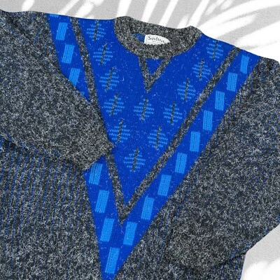 Suéter vintage anos 80 Santana gola redonda adulto médio cinza azul mistura acrílica - Imagem 1 de 4