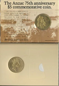 1990 Australian Mint ANZAC $5 Coin - 75th Anniversary Commemorative issue + Card - Picture 1 of 3