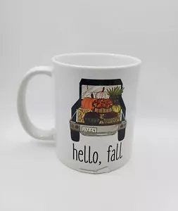 NWT Coffee Mug Hello Fall Pickup Truck Pumpkins Flowers Double Sided White Mug - Picture 1 of 8