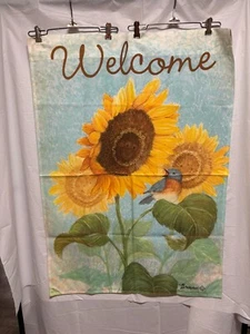 Bandera de patio grande sin marca bienvenida girasol 39" x 28" nailon usada en excelente estado - Imagen 1 de 2
