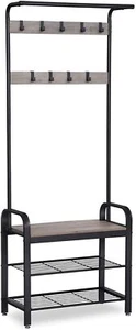 Greige and Black Steel Freestanding Coat Rack Stand with Removable Hooks, Bench - Picture 1 of 7