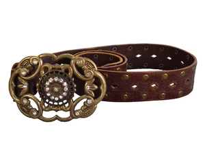 Real Leather Belt Brown Y2K 90s Floral Buckle Studded Crystals Tooled Belt S - Picture 1 of 14