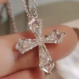 Fashion Silver Plated Cubic Zirconia Cross Pendant Necklace Women Jewelry Gift - Picture 1 of 6
