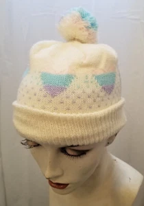 Vintage 1980s Pom Pom Ball Skull Cap Hat Hearts Rainbow - Picture 1 of 3