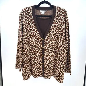 Cathy Daniels Cardigan XL Cheetah Animal Print Mock Layer Sweater Brown VTG - Picture 1 of 8