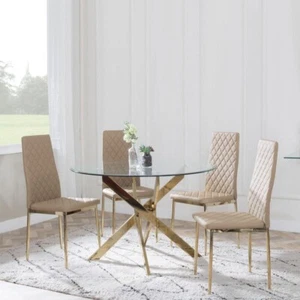 Round Glass Dining Table Set with 4 Leather Chairs & Gold Metal Legs - Picture 1 of 10