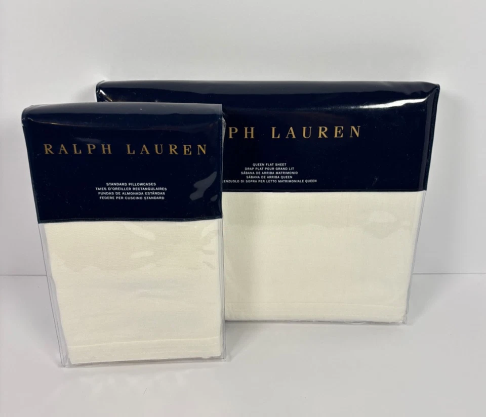 Ralph Lauren Cary Queen Flat Sheet Standard Pillowcases Cotton Linen White $260 - Image 1 of 4