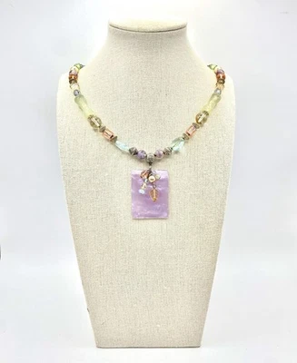 Vintage Pastel Carved Art Sea Glass Necklace Pendant Bubble Leaf Bead MOP - Image 1 of 4