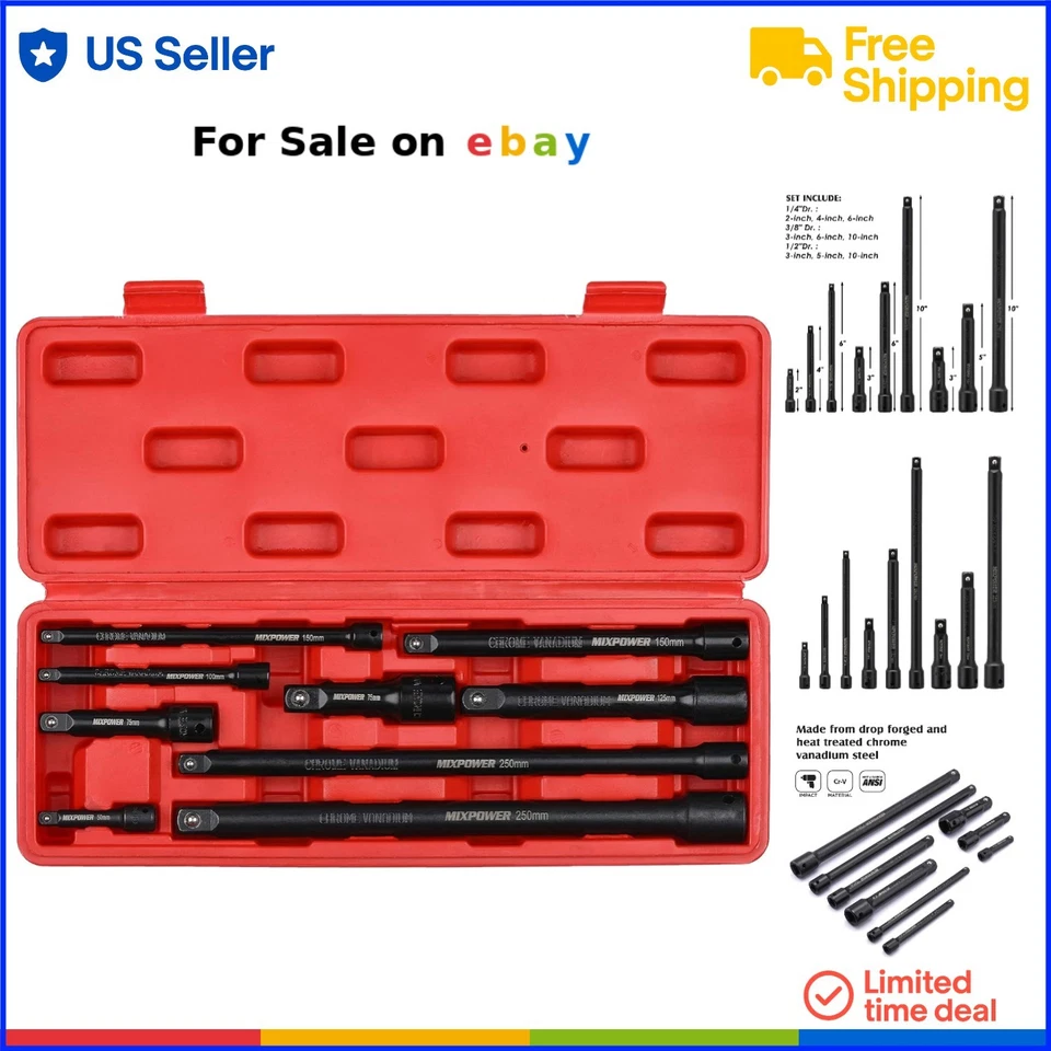 Extension Bar Set Chrome Vanadium 9-Piece Impact Drive Socket Organizer - Image 1 of 4