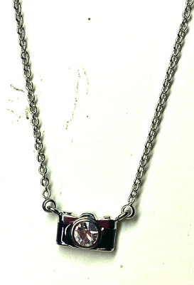 Fossil Camera Silver Tone Chain Necklace Black Silver Camera Crystal NEW - Image 1 of 4