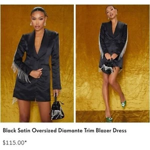 Pretty Little Thing Black Satin Oversized Diamante Trim Blazer Dress 4 NWT - Picture 1 of 10