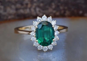 3.44 Ct Oval Cut Natural Emerald & Diamond Wedding Ring 14K Yellow Gold Finish - Picture 1 of 13