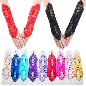 Womens Long Fingerless Gloves Lace Net Mittens Fancy Party Prom Evening Wedding - Picture 1 of 23