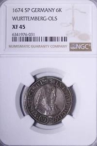 1674-SP Germany Württemberg-OLS 6 Kreuzer Silver Coin NGC XF45 Super Neat! ACPX - Picture 1 of 3