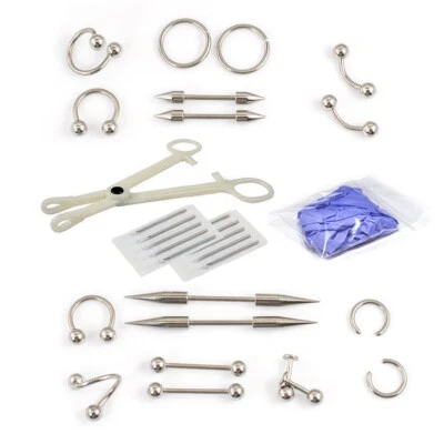 Piercing Kit 30 Parts Horseshoe Eyebrow Forceps labrets Studs And Needles Gloves - Image 1 of 2