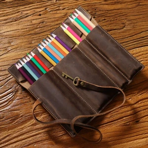 Handmade Cowhide Leather Pen Pouch Vintage Roll-up Pencil Case Bag Pen Curtain - Picture 1 of 27