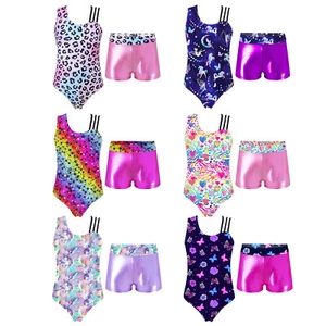 Girls 2Pcs Gymnastics Dance Outfit Sleeveless Leotard with Shorts Sets Dancewear - Picture 1 of 44