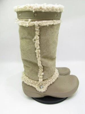 Crocs Nadia Tall Boots Womens 12 Tan Faux Fur Sherpa Shearling Slip On Winter - Image 1 of 4