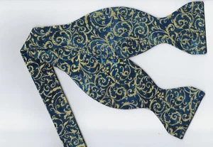 Special Event Bow tie, Vintage Metallic Gold Designs on Teal, Self-tie Bow tie - Picture 1 of 5