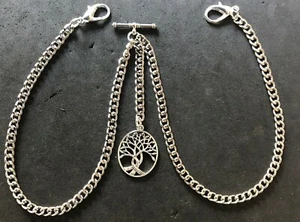 Double Albert pocket watch chain with a tree of life charm fob,silver colour - Picture 1 of 4
