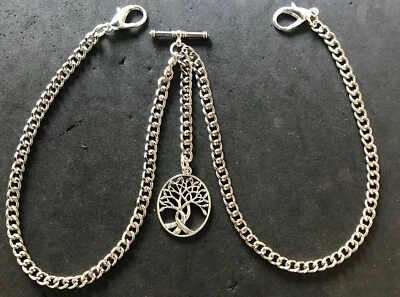 Double Albert pocket watch chain with a tree of life charm fob,silver colour - Image 1 of 4