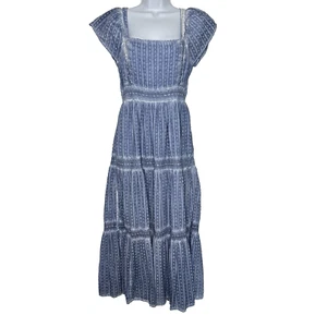 American Eagle Midi Dress Womens M Blue Tie Open Back Tiered Swiss Dot Peasant - Picture 1 of 12