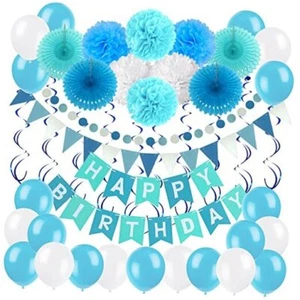 Birthday Decoration Set, Happy Birthday Banner Bunting Blue Sky Blue and White - Picture 1 of 8