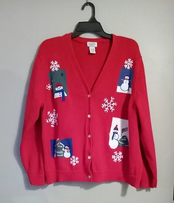  Cardigã de Natal vermelho boneco de neve/floco de neve feminino plus size 20-22W peso pesado - Imagem 1 de 4
