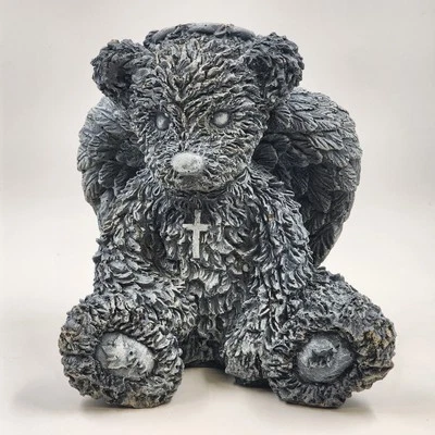Oso Ángel Gris Hormigón Piedra Estatua Sentado Halo Alas Cruz Jardín Decoración Foto 1 de 4