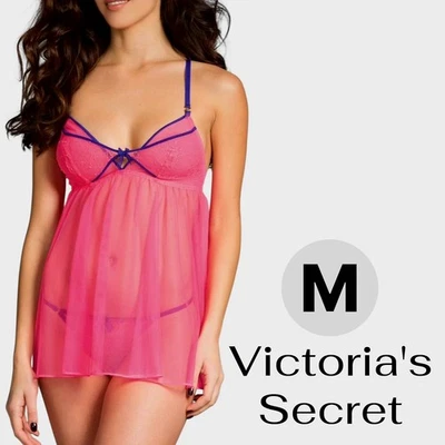 Victoria's Secret Babydoll Camisola de Encaje Transparente Chemise en Rosa Neón-M Foto 1 de 4