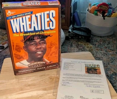 Hank Aaron Atlanta Milwaukee Braves Signed Full Wheaties Cereal Box JSA Read - Image 1 of 4