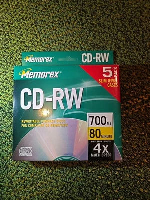 CD-RW 5 PK Rewritable 700mb Up To 4x 80 Min Audio Recording Time - Image 1 of 2