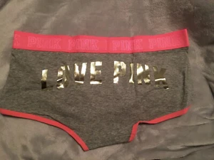Victoria's Secret Pink Boy shorts Sz L NWT Gray & Coral Logo Band Foil Logo - Picture 1 of 2