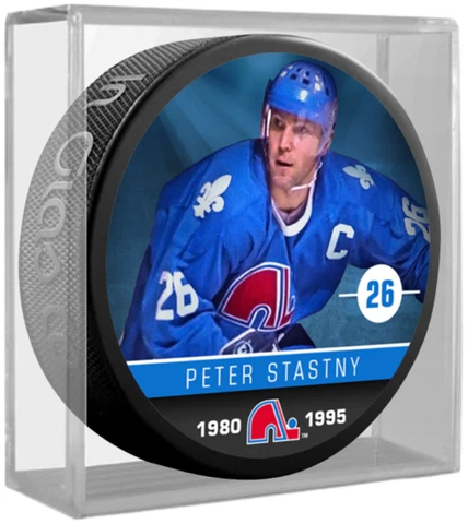Peter Stastny Quebec Nordiques Photo Puck w/Clear Acrylic Display Cube Cover