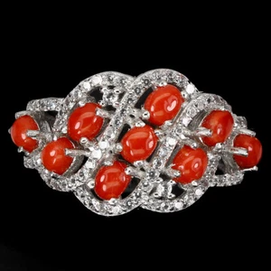 925 Sterling Silver Ring Oval Coral Italy Natural Gemstone Jewelry - Picture 1 of 9