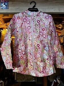 Girls Size10 L.L. Bean Hooded Windbreaker Zip Up Jacket Pink W/Flowers - Picture 1 of 8