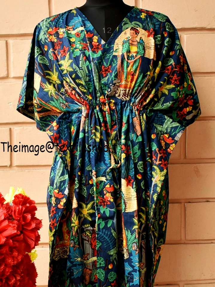 HANDMADE FRIDA KHALO Navy Blue Print Indian 100%Cotton Kaftan Beach Night Gown Maxi Dress