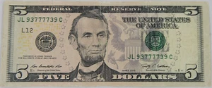 $5 "Radar Note Trinary" Fancy Serial # "93777739" 2009 - Picture 1 of 5