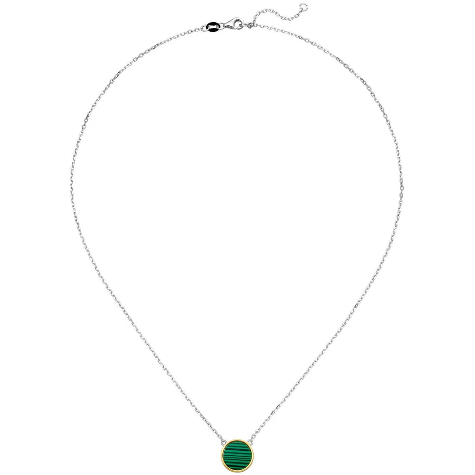 Collana In Argento 925 Bicolore Placcata In Oro Con Malachite Verde Rotonda 45cm - Immagine 1 di 1