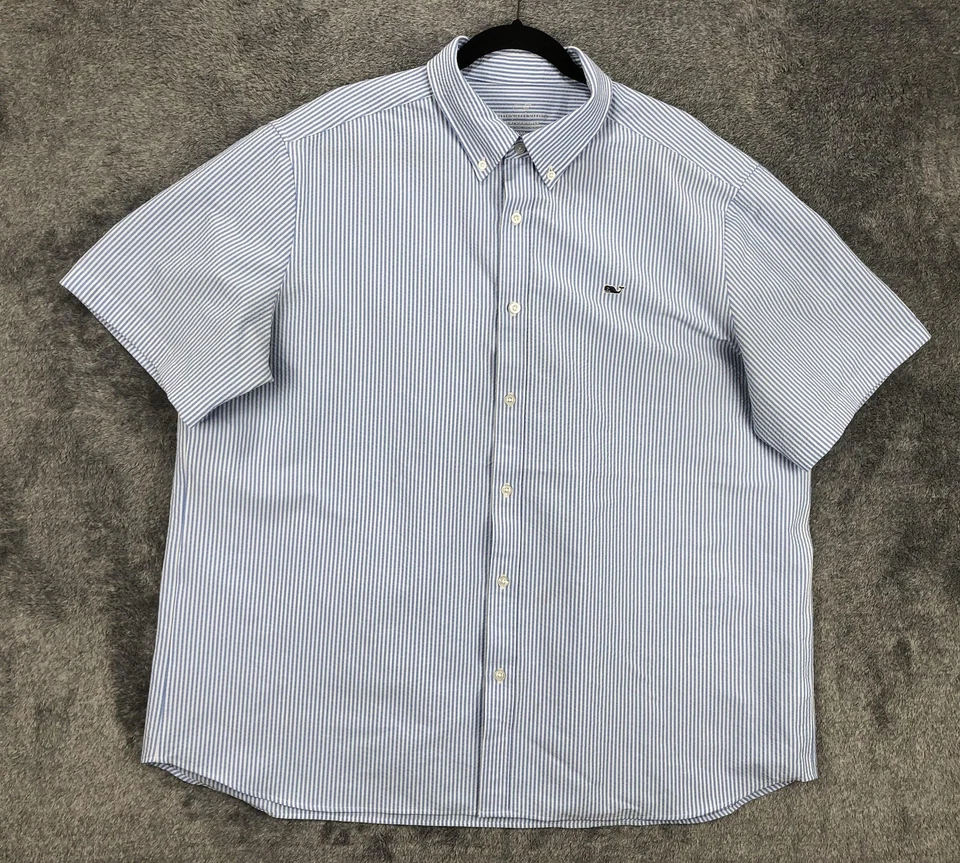 Vineyard Vines 衬衫男式 2XL 蓝色白色条纹性能纽扣标志 — 第 1/4 张图片