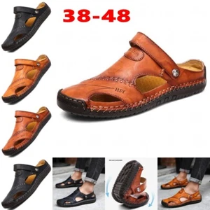 Mens Leather Slides Beach Sandals Outdoor Indoor Casual Comfort Slippers Sandal - Picture 1 of 18