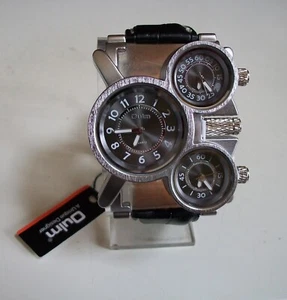 Men's Silver Finish Black Leather Band 3 Time Zone Fashion OULM Casual Watch - Picture 1 of 8
