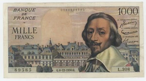 France 1000 Francs 6-12-1956 P 134.a VF+ Circulated Banknote Richelieu Pin holes - Picture 1 of 2