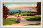 Massasoit Statue And Plymouth Harbor From Coles Hill Plymouth Mass Vtg Postcard