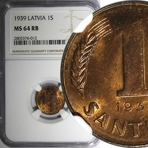 Latvia Bronze 1939 1 Santims NGC MS64 RB Rainbow Toned KM# 10 (012) - Picture 1 of 4
