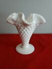Fenton Milk Glass Hobnail Small Vase with Ruffled Edge Rim 3.75&quot; Vtg