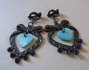 OHRCLIPS BRONZE STRASS PERLMUTT HERZ ROYALBLAU TÜRKIS - Bild 1 von 2