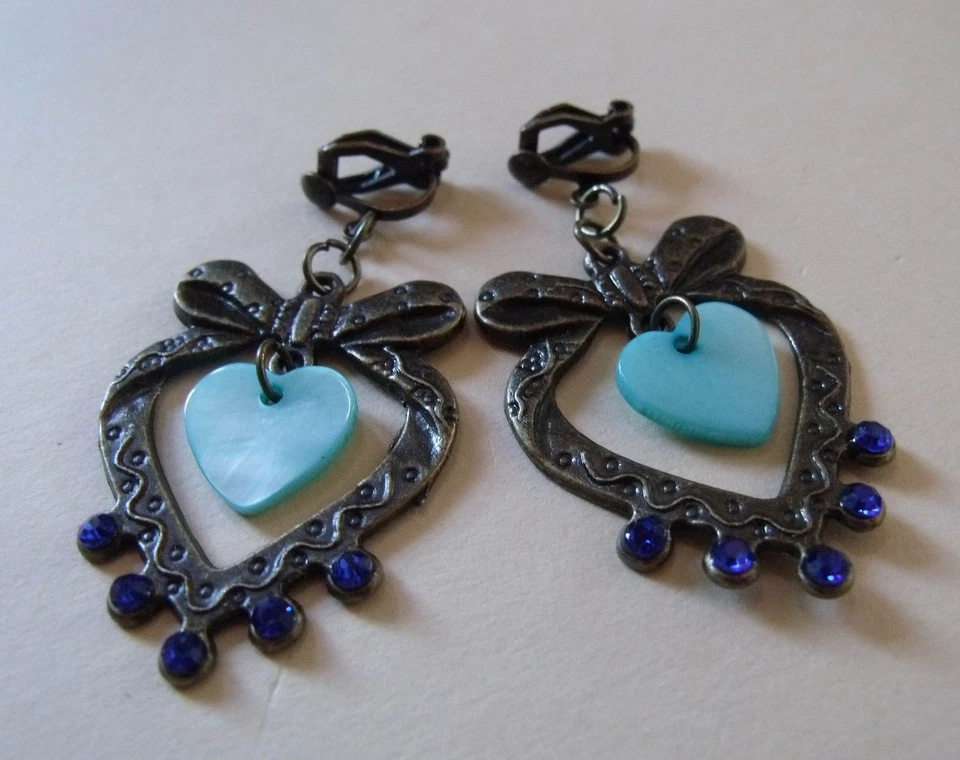 OHRCLIPS BRONZE STRASS PERLMUTT HERZ ROYALBLAU TÜRKIS - Bild 1 von 2